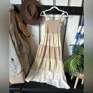 J. Gee neutral tiered ruched bohemian hippie midi tank dress retro vintage